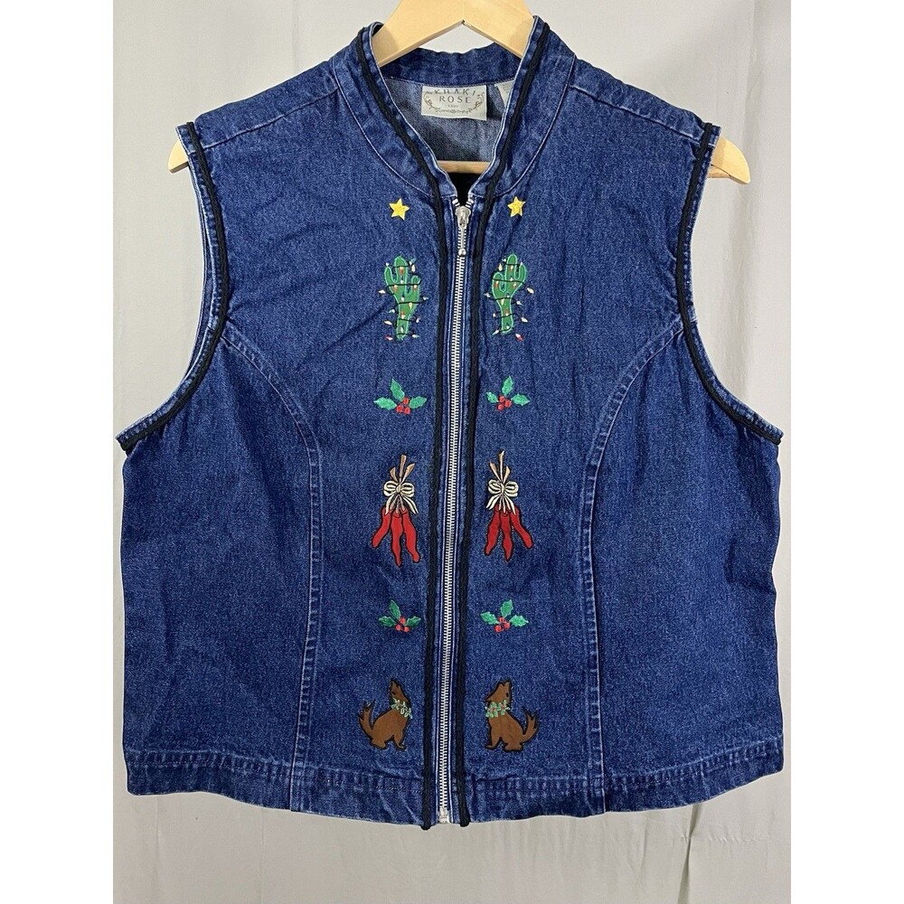 Khaki Rose Women's Denim Vest Blue Size 1X Full Zip V Neck SW Christmas Vintage